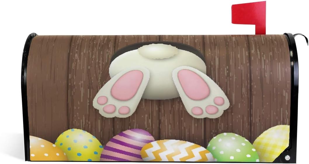 WOOR Easter Motive White Bunny Bottom and Eggs On Dark Brown Wooden Background Magnetic Mailbox Cover Oversized for Garden Yard Outdoor Decorations-25.5" x20.8