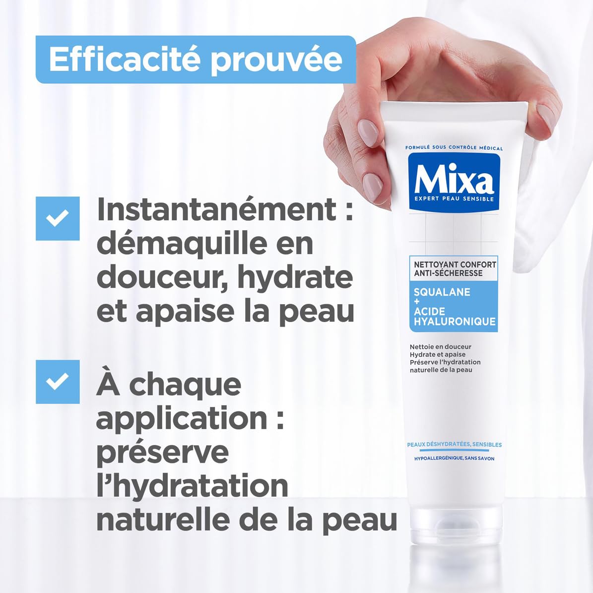 Mixa - Nettoyant Confort Anti-Sécheresse au Squalane et Acide Hyaluronique - Peaux Déshydratées et Sensibles - Soin du Visage Hydratant Protecteur - Démaquillant Peau Sèche - 150 ml
