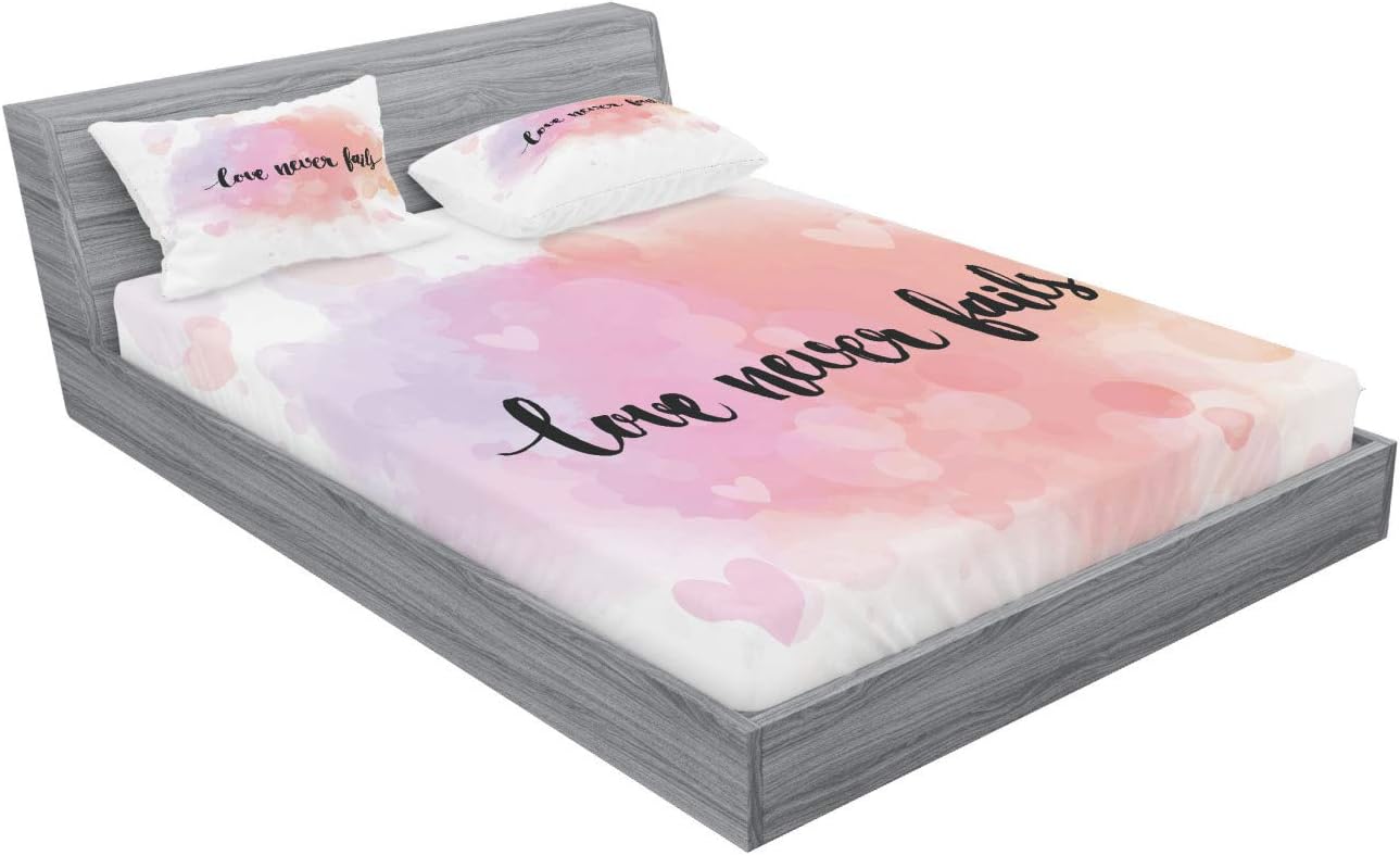 Ambesonne Love Fitted Sheet & Pillow Sham Set, Dreamy Pastel Pinkish Colors Hearts Romantic Phrase About Love and Relationship, Decorative Printed 3 Piece Bedding Decor Set, Queen, Peach Lilac Black