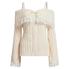 Women Off Shoulder Sweater Top Y2K Aesthetic Long Sleeve Lace Trim Knit Pullover Sweater Cutecore Kawaii Clothes