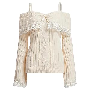 Women Off Shoulder Sweater Top Y2K Aesthetic Long Sleeve Lace Trim Knit Pullover Sweater Cutecore Kawaii Clothes