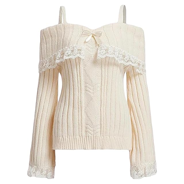 Women Off Shoulder Sweater Top Y2K Aesthetic Long Sleeve Lace Trim Knit Pullover Sweater Cutecore Kawaii Clothes