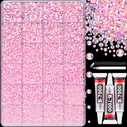 30000Pcs Resin Jelly Rhinestones with Tweezers for Crafting, Light Pink AB Flatback Gems, Bedazzling Crystal with 3Pcs 10ml B7000 Jewelry Glue for DIY Crafts Clothing Tumblers Shoes Fabric Nail Art