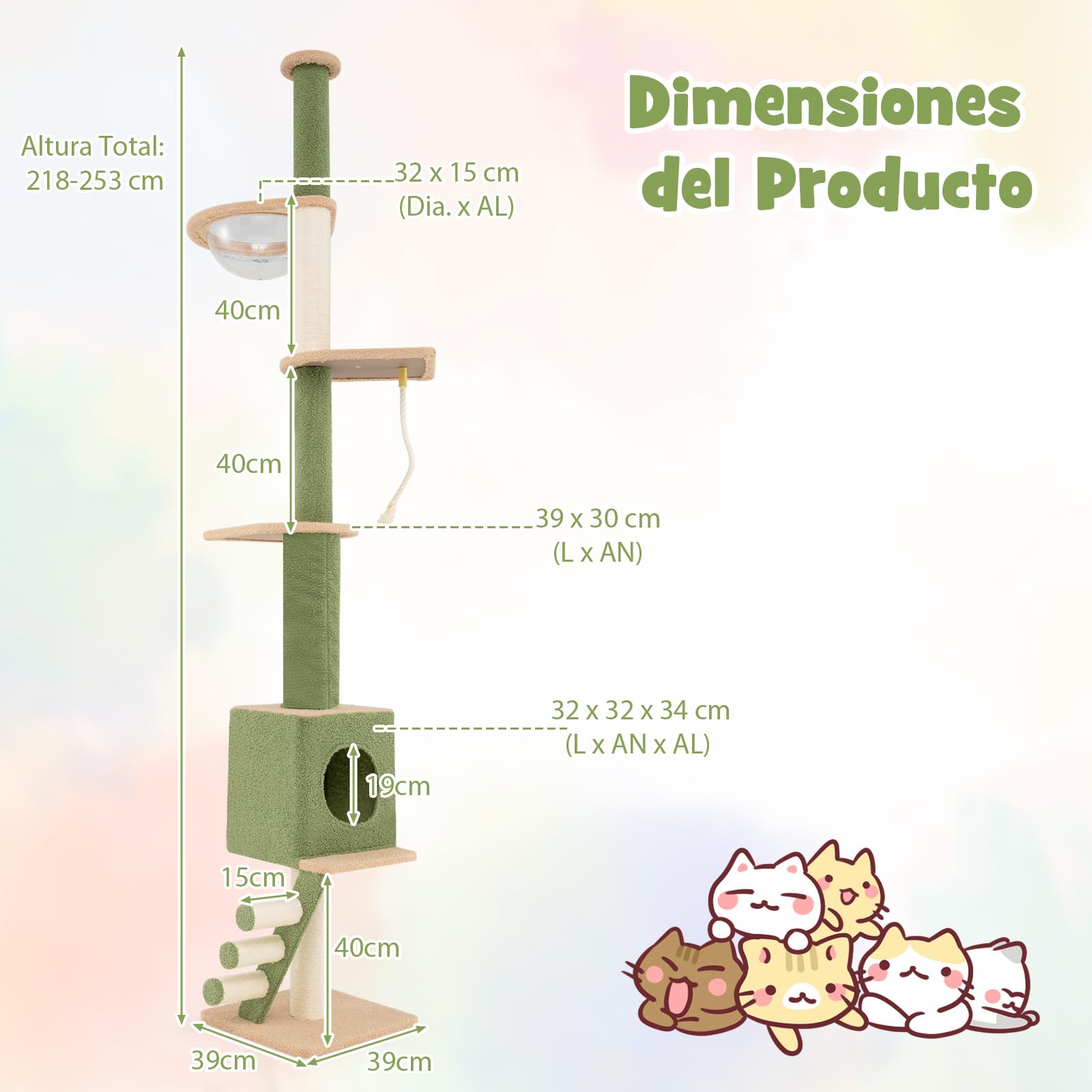 COSTWAY Árbol para Gatos de Suelo a Techo, Rascador para Gatos de 218-253 cm, Torre para Gatos con Cápsula Transparente, Condo, Postes de Rascado de Sisal, Cuerda, Árbol de Actividad para Gatos