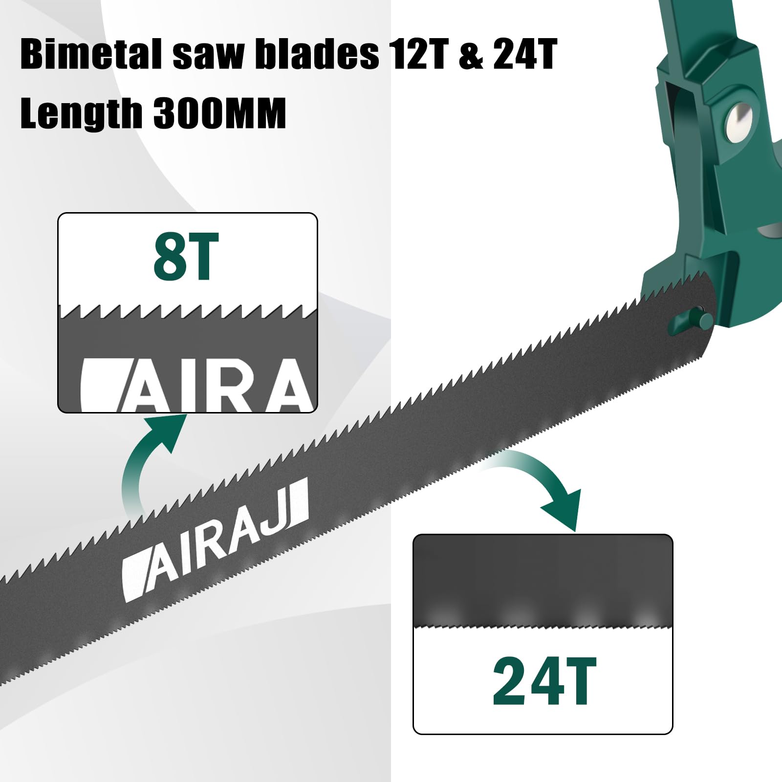 AIRAJ Sierra de Metal 300mm con Hoja de Doble Cara,Marco de Sierra Profesional con ángulos de Corte de 45° y 90° Para Cambiar Cuchillas con Solo Tocar un Botón, Adecuada para cortar metal, madera, etc