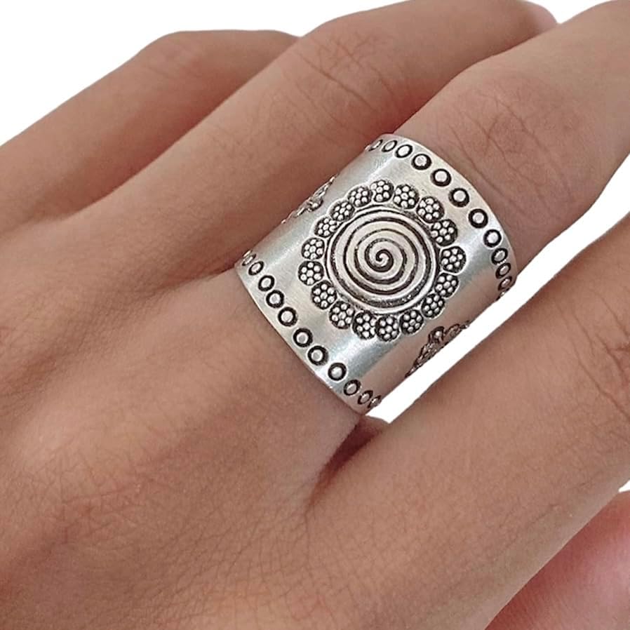 Handmade Sterling Silver Mandala Ring, Adjustable Boho Ring