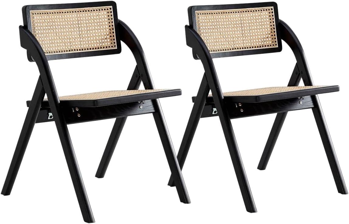 Manhattan Comfort Lambinet Folding Rattan Wicker Cane Side Outdoor Dining Chair for Dining Room, Patio, Restaurant, Bistro, Cafe and Pub, Set of 2, Black/Natural