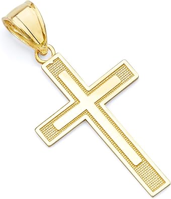 TWJC 14k REAL Yellow Gold Religious Latin Style Cross Charm Pendant