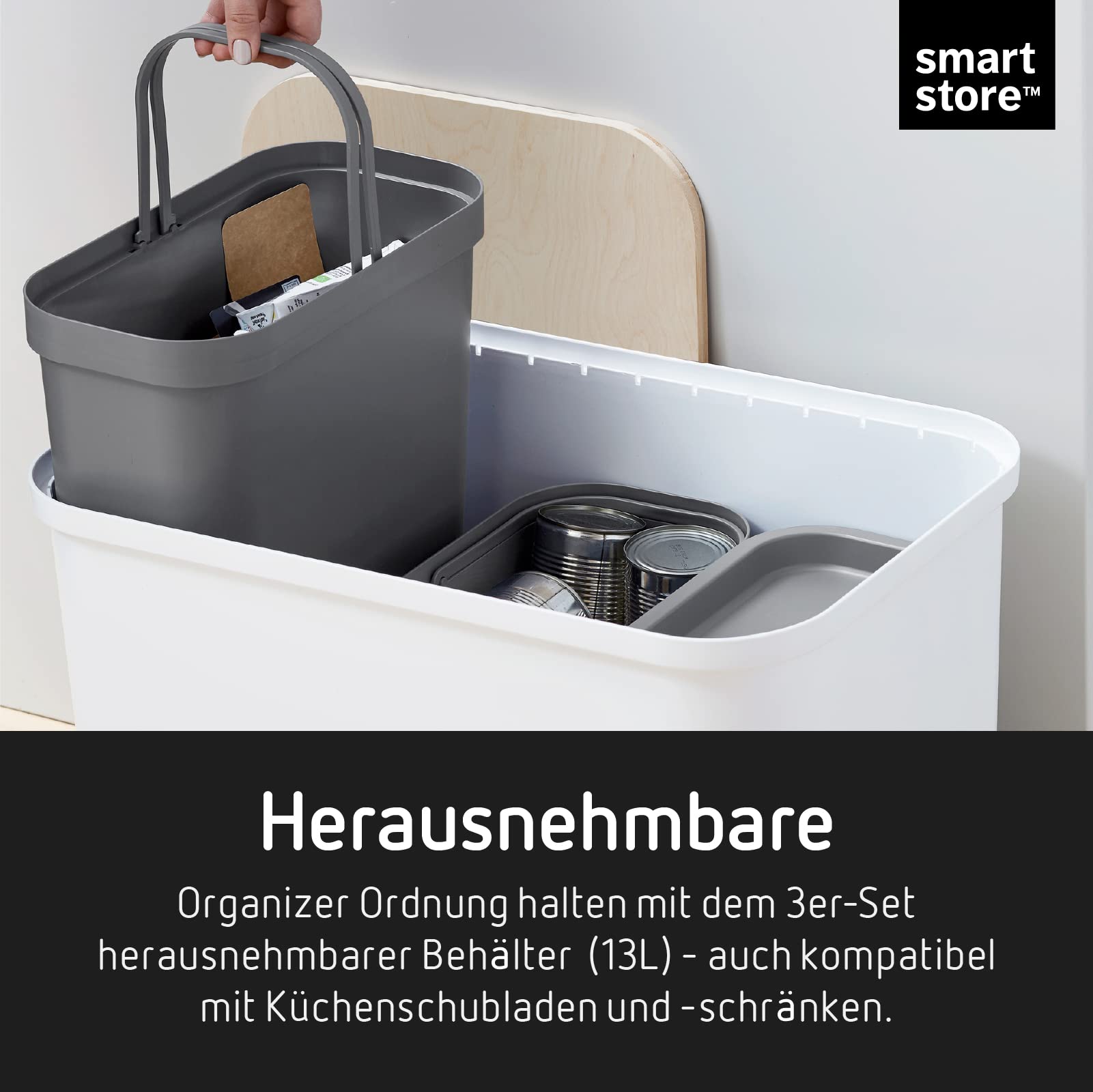 SmartStore Recycling-Mülleimer – 76 l großer Kücheneimer mit Holzdeckel, 3 x 13 l Eimereinsätze, 2 x kleine Deckel – stabile Recycling-Mülleimer für die Küche – weißer Kücheneimer