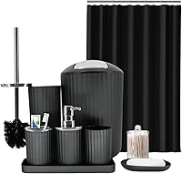 FooGuila 9-Piece Black Bathroom Accessories Set: Shower Curtain, Trash Can, Soap Dispenser, Toothbrush Holder & More - Durable Modern Complete Kit