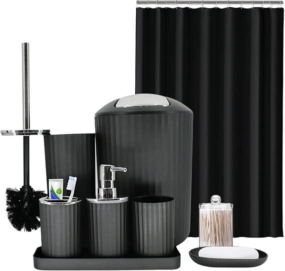 Amazon.com: Black Bathroom Accessories Set, 9-Piece Bathroom Accessory Sets Complete with Trash ...