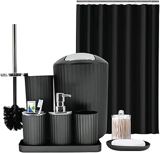 Black Bathroom Accessories Set, 9-Piece Bathroom Accessory Sets Complete with Trash Can, Shower Curtain, Vanity Tray, Soap Dispenser, Soap Dish, Toothbrush Holder, Toothbrush Cup and Toilet Brush
