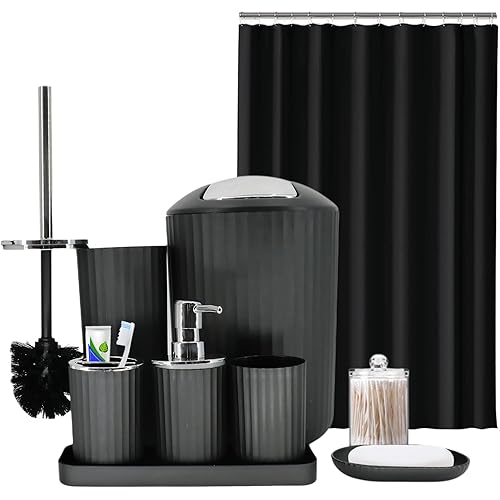 Black Bathroom Accessories Set, 9-Piece Bathroom Accessory Sets Complete with Trash Can, Shower Curtain, Vanity Tray, Soap Dispenser, Soap Dish, Toothbrush Holder, Toothbrush Cup and Toilet Brush