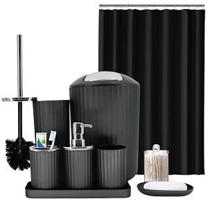 Black Bathroom Accessories Set 9-Piece Bathroom Accessory Sets Complete with Trash Can Shower Curtain Vanity Tray Soap Dispenser