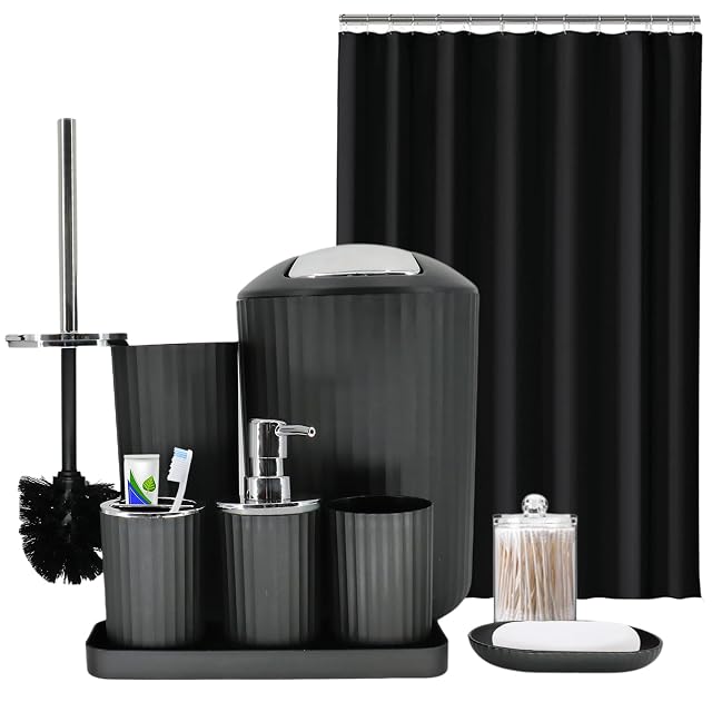 Black Bathroom Accessories Set 9-Piece Bathroom Accessory Sets Complete with Trash Can Shower Curtain Vanity Tray Soap Dispenser