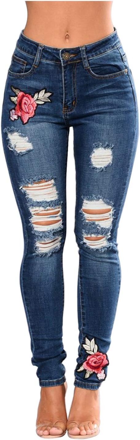 ANBIWANGLUOWomens Denim Skinny Ripped Slim Jeans, Embroidered Flower Small Feet Elastic Trousers Size S-XXXL