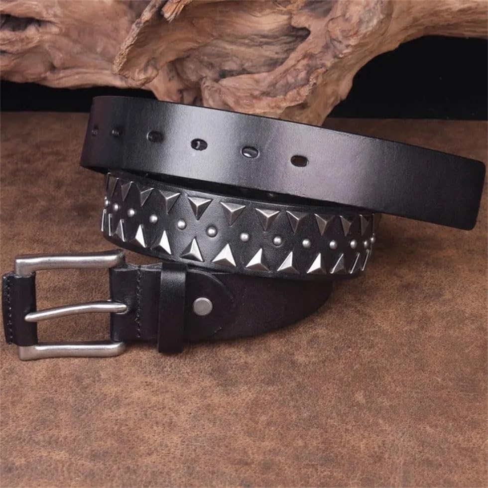 Pohullan Men Handmade Studded Belt Leather Punk Rock Style Belt Retro Jeans Belts4