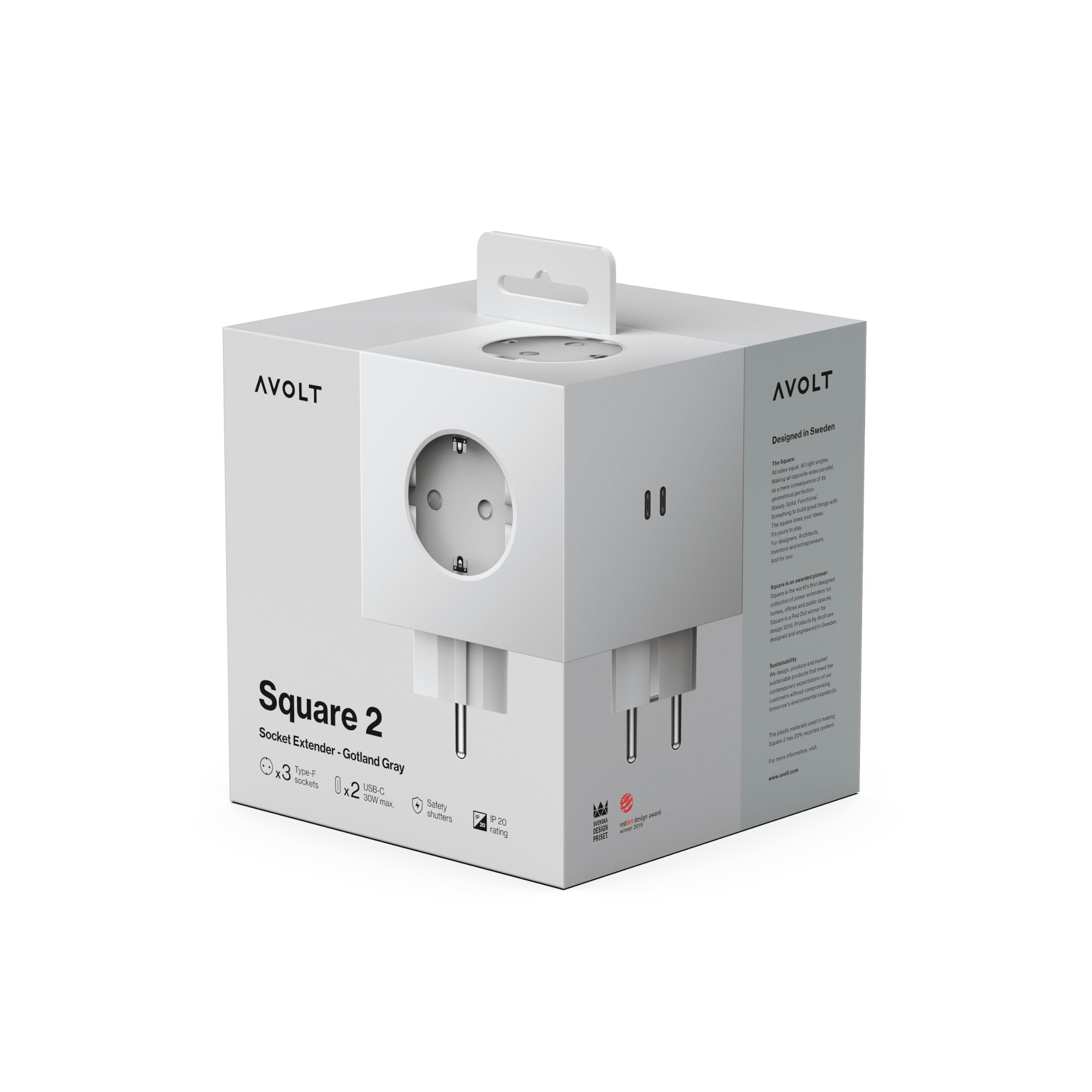 Multipresa Cubo Schuko AVOLT Square 2 con USB-C (30W) – Presa Multipla di Design con 3 Prese e 2 Porte USB-C – Ciabatta Elettrica Compatta da Parete per Scrivania, Ufficio e Casa
