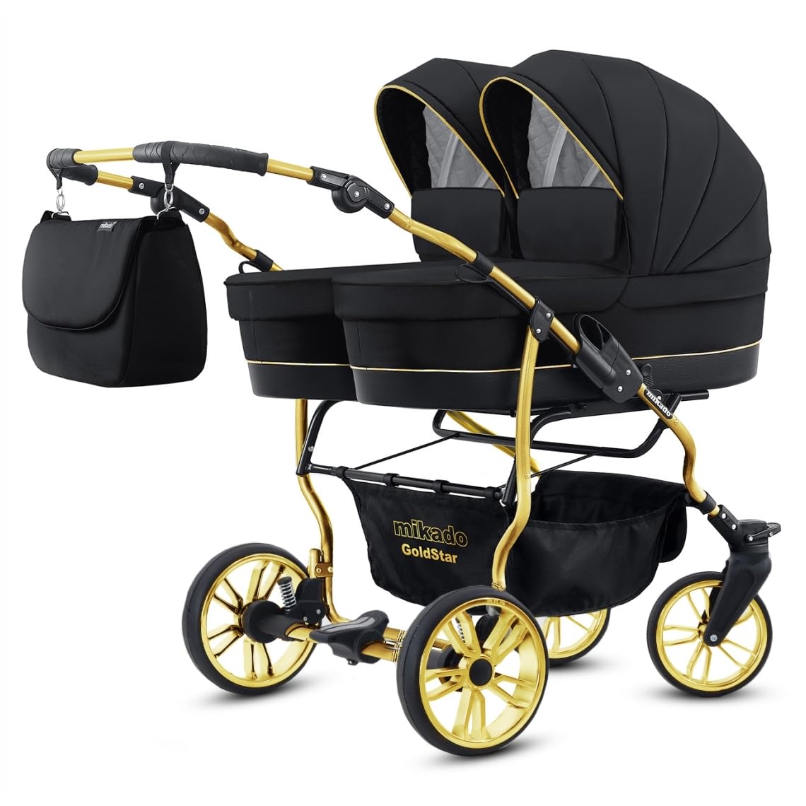Cochecito doble gemelar 3en1. Carrito las 3 piezas y accesorios: 2 capazos + 2 sillas de paseo + 2 sillas de coche + accesorios. BBtwin Gold Star. Gris