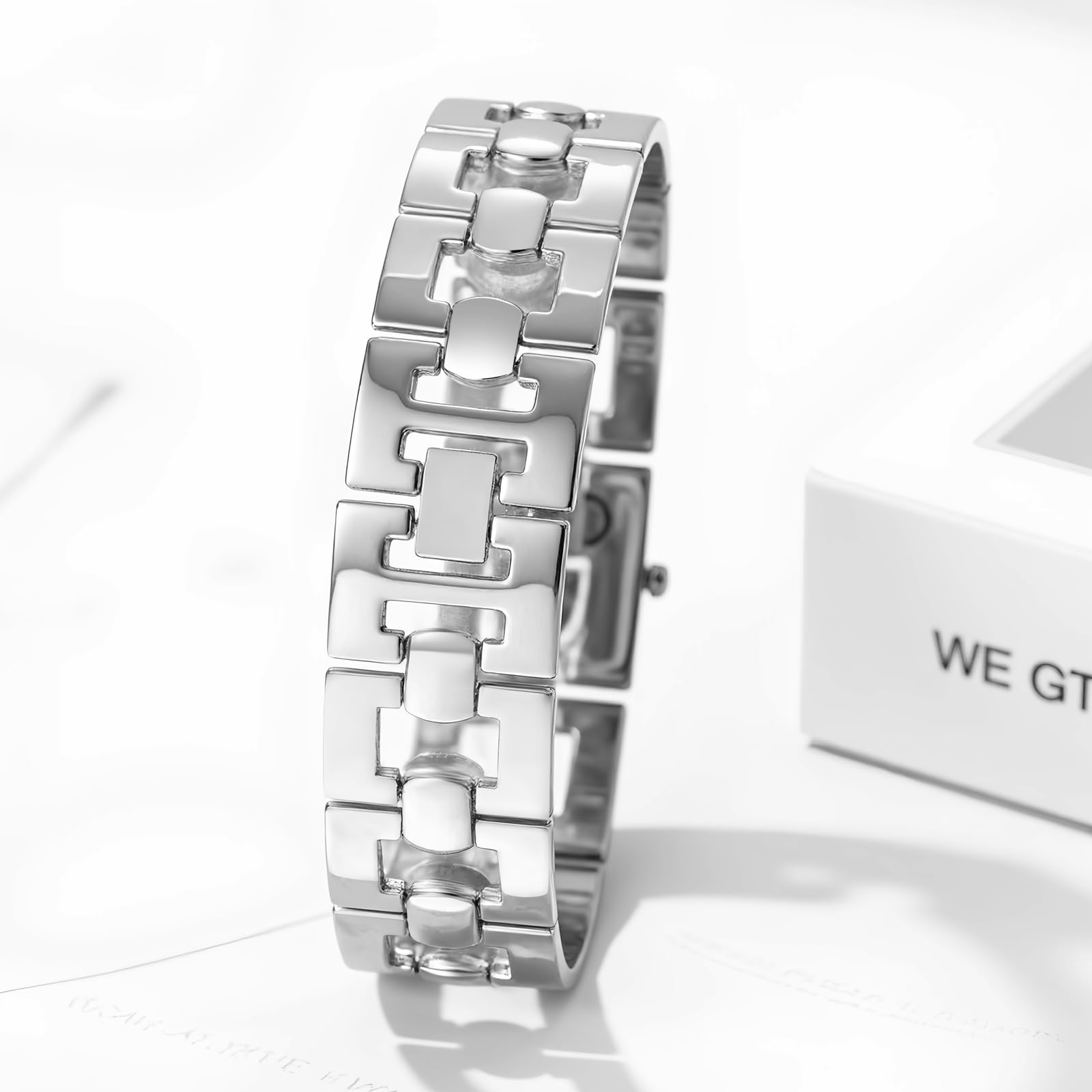 JewelryWe Zegarek damski, małe kwadratowe zegarki: 3 sztuki brokatowych strasów, analogowy zegarek na rękę, kwarcowy, metalowy, kryształowy, zegarek z kwadratowym cyferblatem, elegancki, luksusowy