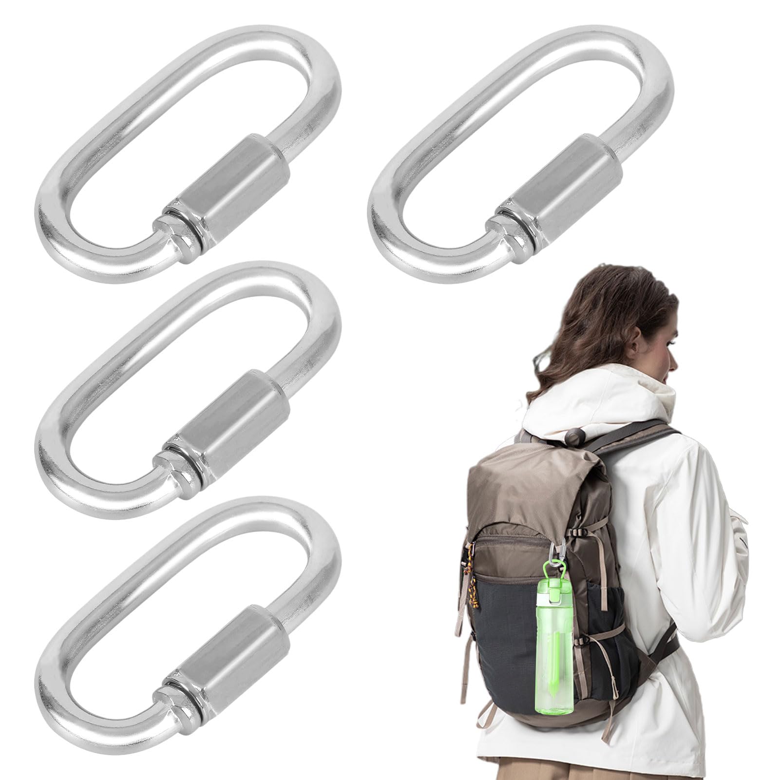 Quick Link 4 Pcs Locking Carabiner Small Clips Heavy Duty M4 Screw Stainless Steel D Clips for Outdoor Camping Climbing Hiking