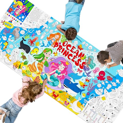 Image of Mermaid World Coloring Poster, Large Coloring Activity Paper 75 inch x 31 inch Jumbo Size Ocean-themed Paper DIY Painting Drawing Banner /Tablecloth for School, Wall Decor