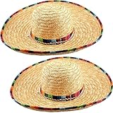 Cagemoga 2 Packs Mexican Sombrero Hat with Serape Trim Large Straw Sombrero Hat for Cinco De Mayo Carnival Mexican Theme Party Dress Up Accessories
