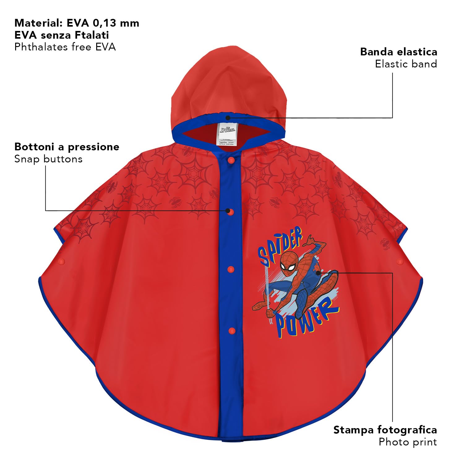 PERLETTI Poncho Pluie Spider Bleu pour Enfant 3 4 5 6 Ans - Garçon Impérmeable Homme Araignée - Cape de Pluie