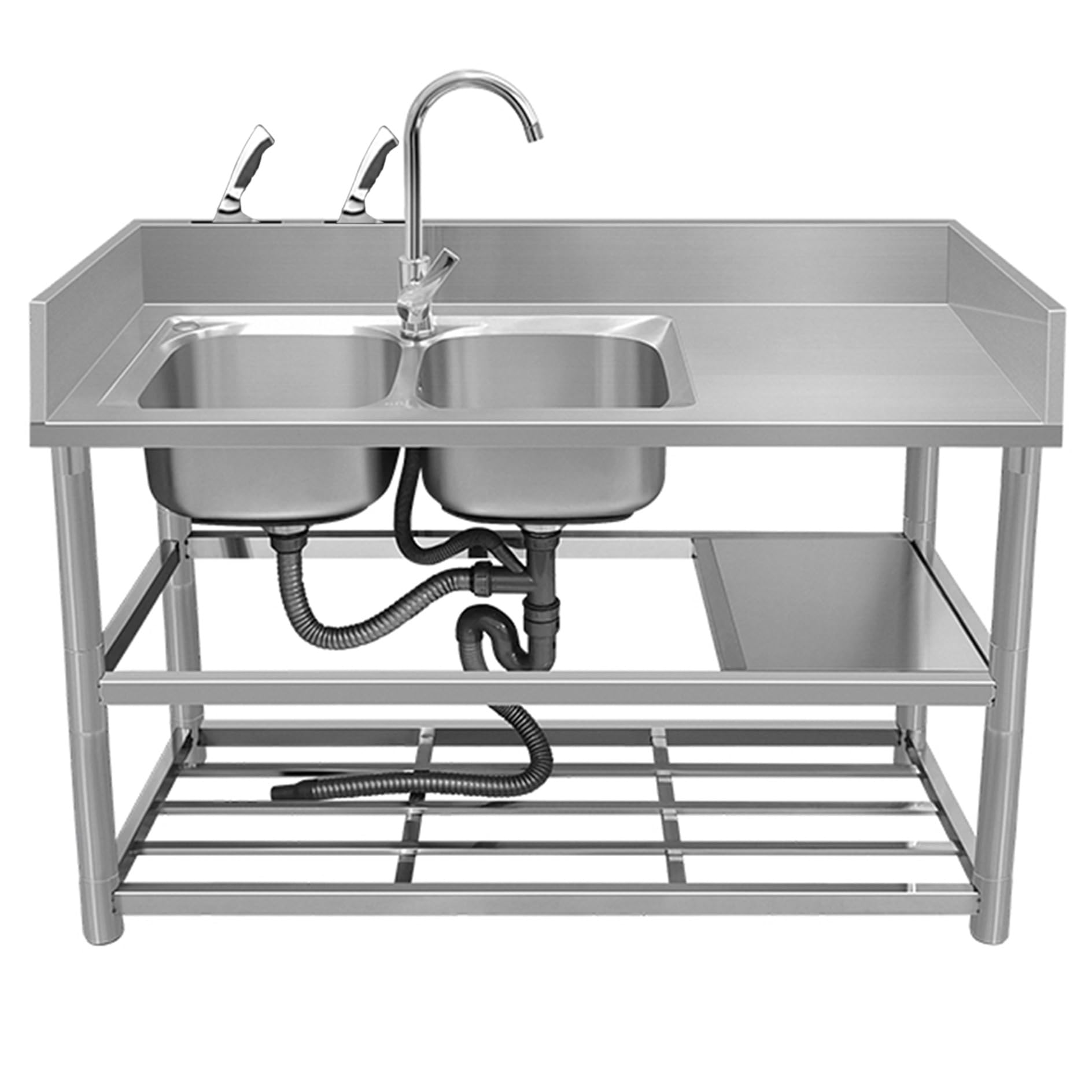 Outdoor Spüle Spültisch Gastro 2 Becken Edelstahl Mobiles Waschbecken Freistehende Spülbecken Kitchen Sink Arbeitsplatte Ausgussbecken mit Armatur für Außen Werkstatt Pantryküche Camping Garten Küche