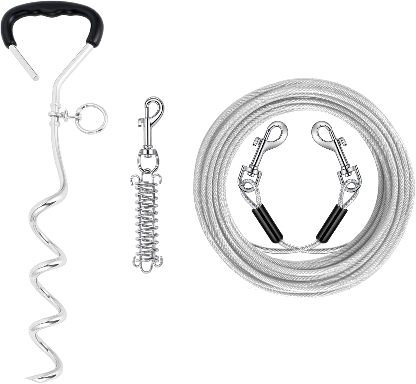 Dog Tie-Outs Cable and Stake, 30 FT Heavy Duty Dogs Lead Cable with Detachable Shock Spring, Dog Runner Chains and 16.5" Spiral Stakes for Travel Outside Yard Hold Small or Medium Dogs