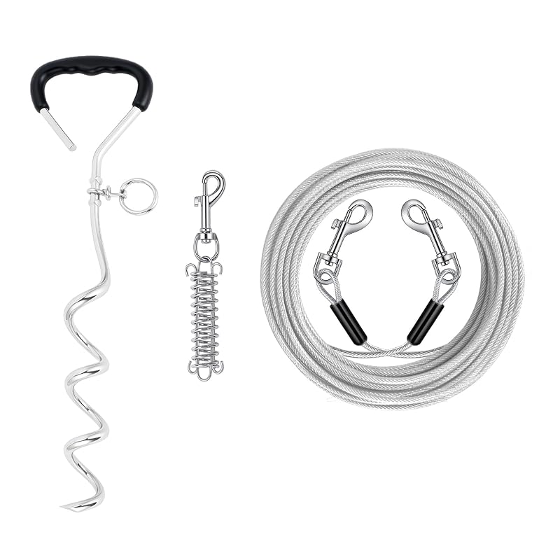 Guia de contenção para cães com cabo de aço inoxidável e estaca espiral EuroBird, 9,14 m e 41,91 cm