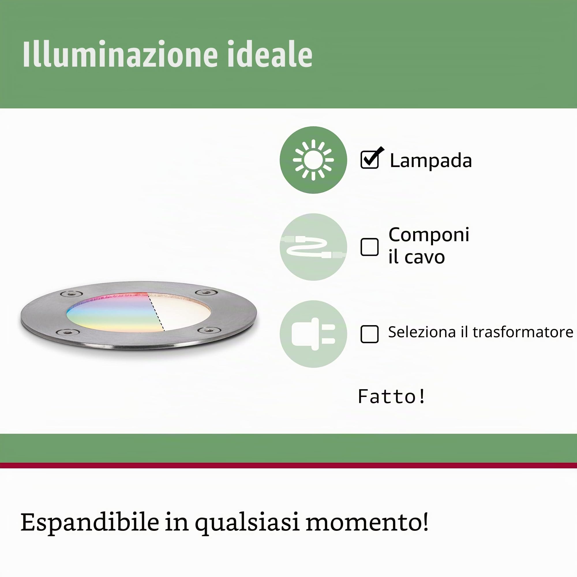 Paulmann 94274 Plug & Shine LED apparecchio per esterni ZigBee incl. 1 apparecchio da incasso a pavimento RGBW dimmerabile da 3,6 Watt IP65 argentato illuminazione da giardino bianco caldo 3000 K