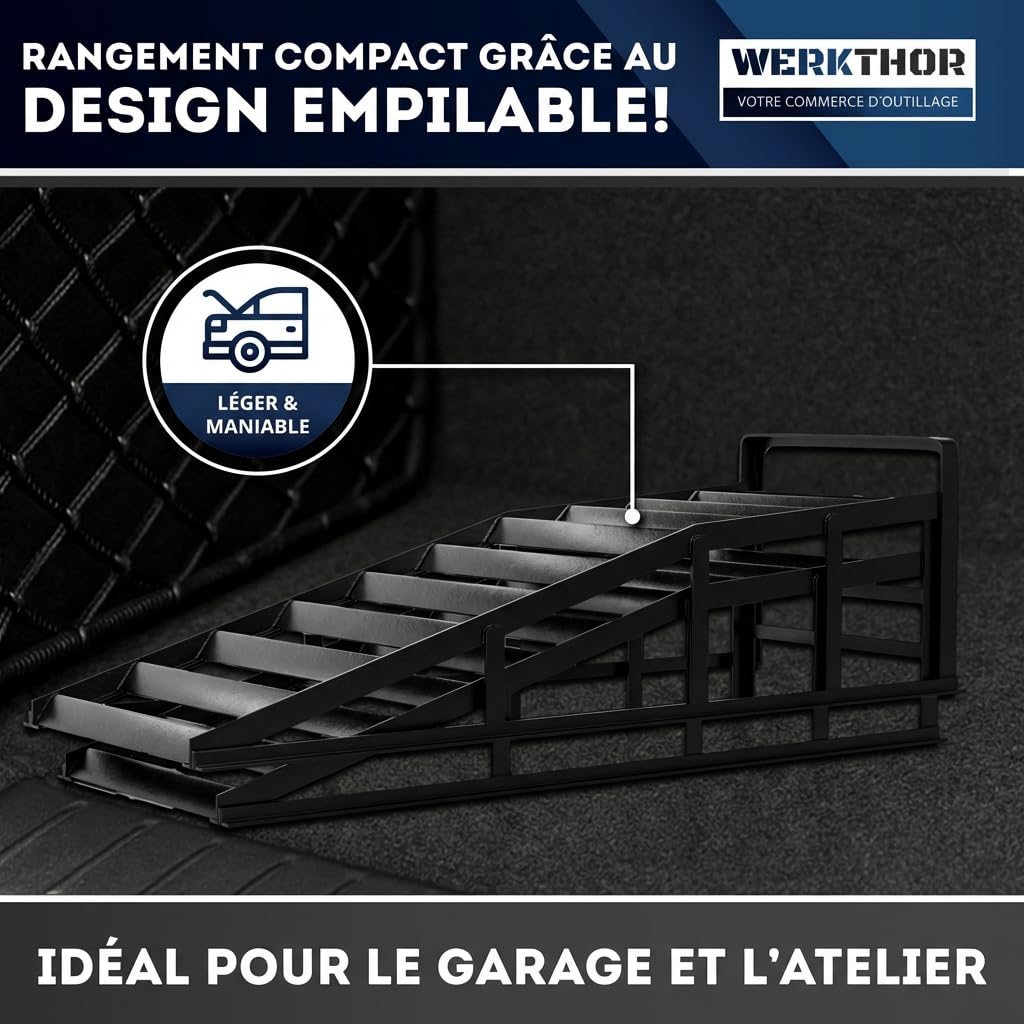 WERKTHOR [Lot de 2 Noir] Rampes d'Accès Métal Voiture, Rampe Voiture Levage Adhérence Maximale, Pont Mobile Voiture, Rampe Voiture Vidange Résistante Toutes Surfaces