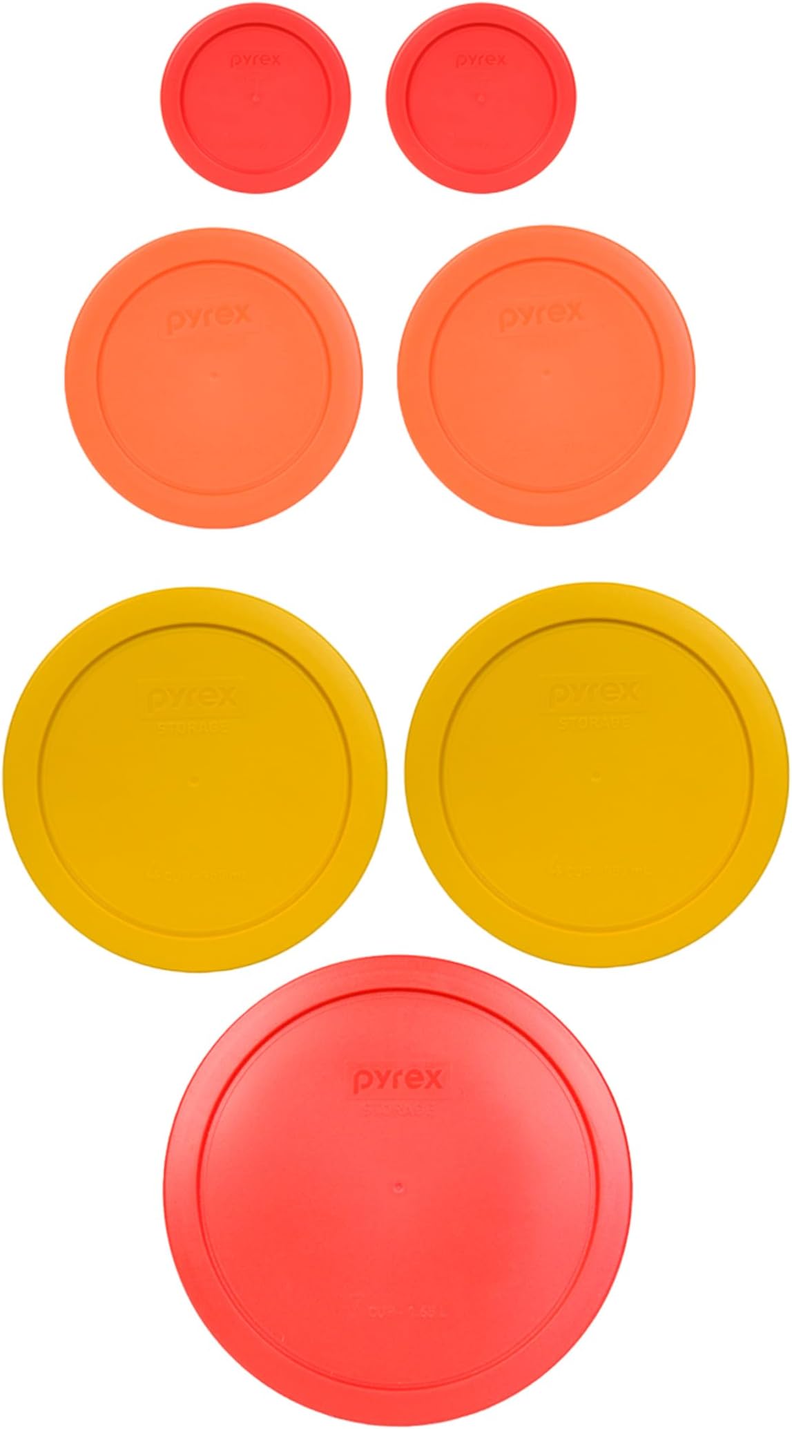 Pyrex (1) 7402-PC 6/7 Cup Red (2) 7201-PC 4 Cup Cobalt Blue (2) 7200-PC 2 Cup Orange (2) 7202-PC 1 Cup Green Food Storage Lids - 7 Pack