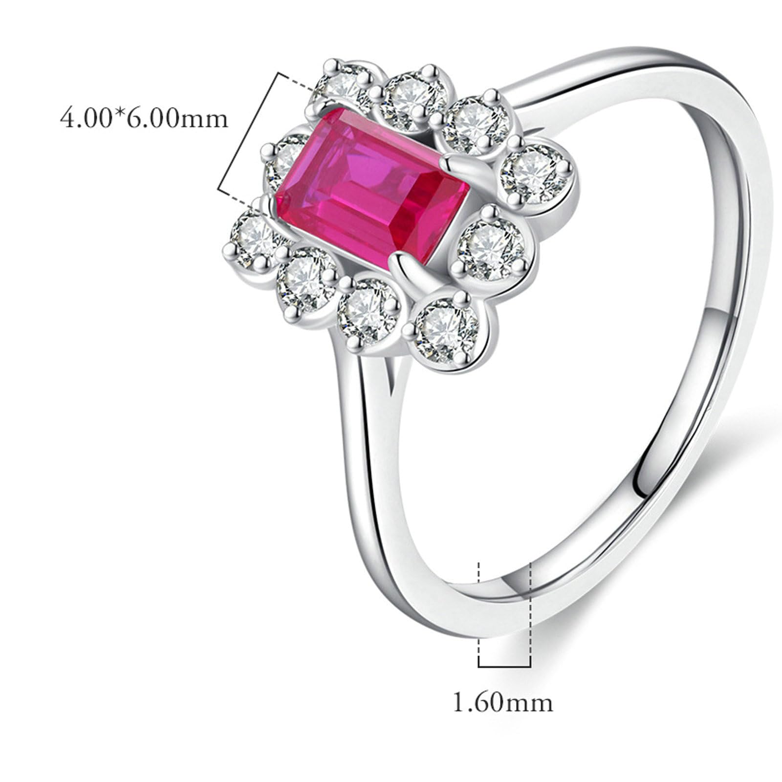 9K/14K białe złoto pierścionek różowoczerwony sztuczny rubin 4 x 6 mm, okrągły z różowo-czerwoną, prostokątną cyrkonią, pierścionki damskie