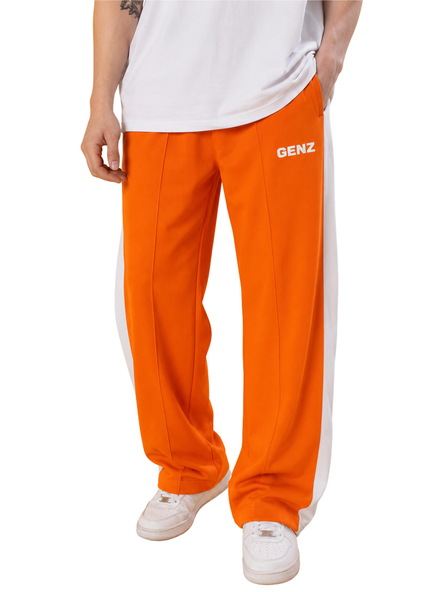 Genzclassic Men's Wide Leg Track Pants with Side Panels | Relaxed Fit Athleisure Trouser | Orange & White-picture-36