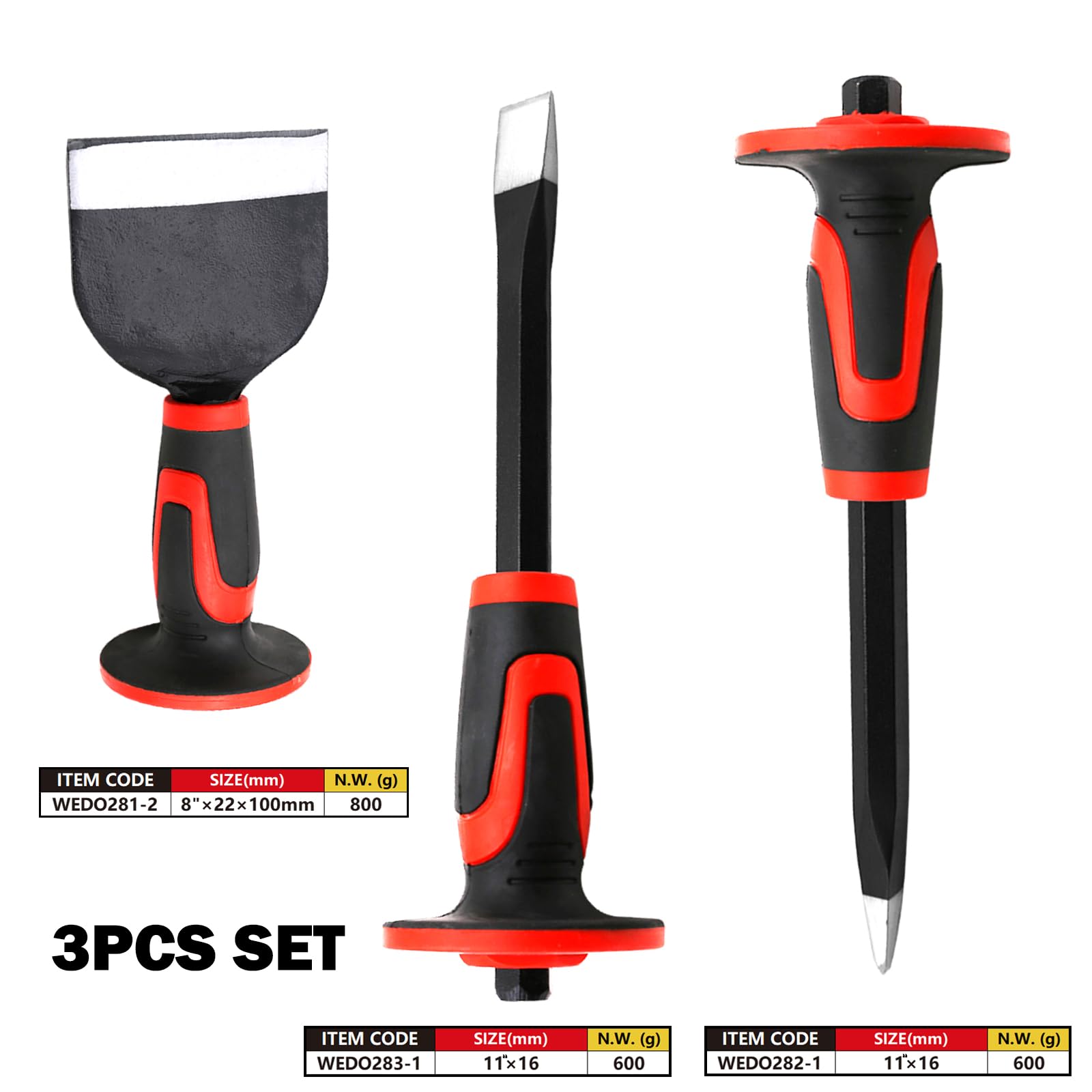 WEDO Set di 3 scalpelli a punta e piatta (11 x 16 mm), scalpello per mattoni da 22 x 100 mm, in acciaio ad alto tenore di carbonio, protezione per le mani, utilizzato per pietra, mattoni, cemento