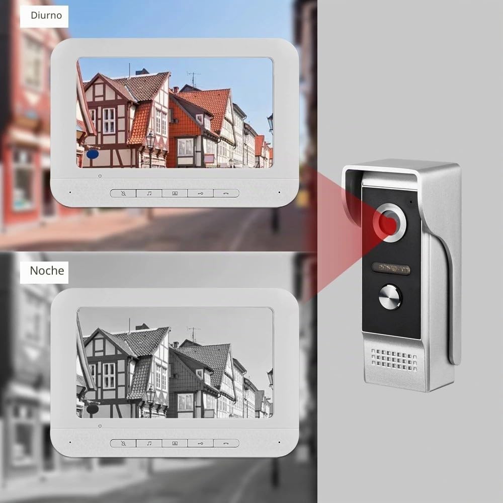 Timbre de video con visión nocturna de alta definición, audio bidireccional, video HD, IP64 resistente a la lluvia, monitor de 7 pulgadas, batería de gran capacidad, timbre de video con monitor