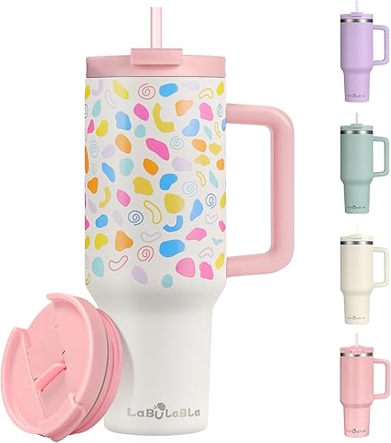 Miniatura 8 de Vaso de 40 onzas con asa de acero inoxidable reutilizable de doble pared con aislamiento al vacío, tapa a prueba de fugas y pajilla para bebidas