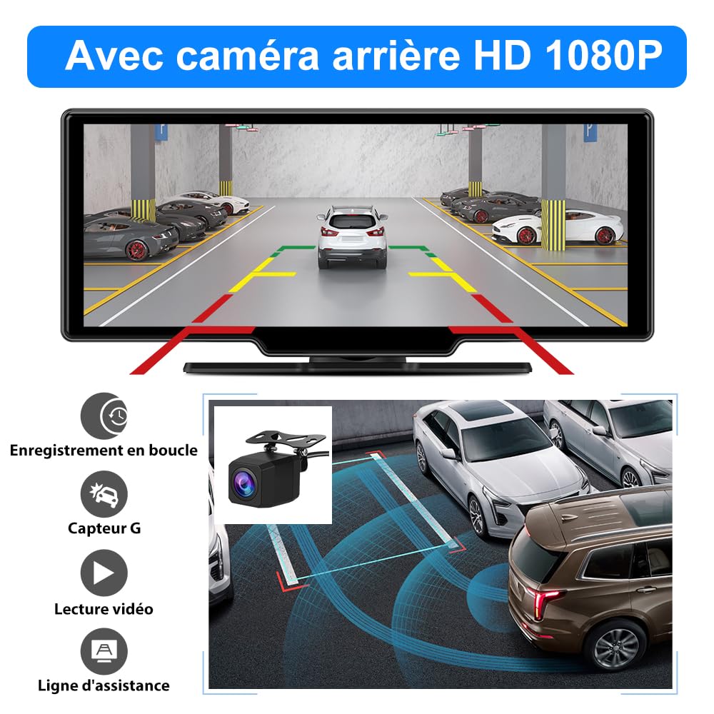 AWESAFE Écran Carplay Voiture & Android Auto,10,26” avec Dashcam Avant 4K, Caméra Arrière 1080P Inclus, Commande Vocale, BT/GPS/FM/AUX