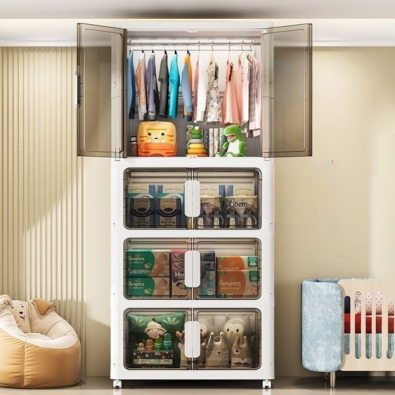 Image of EXVITO Modular Plastic Wardrobe for Bedroom | 2 Tier+2 Bins Foldable Cupboard with Hanging Rod | Stackable Storage Almirah for Clothes with Wheels | Multi-Layer Plastic Storage Cabinet - White