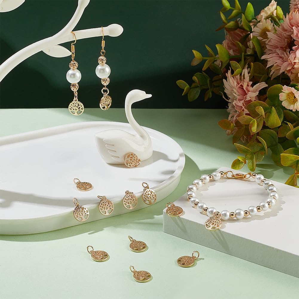 PH PandaHall 50pcs Tree of Life Charms, Real 14K Gold Plated Tree Charms 10mm Jewelry Making Charm Metal Alloy Pendants Circle Pendants with Jump Ring for DIY Necklace Craft Making - Image 4