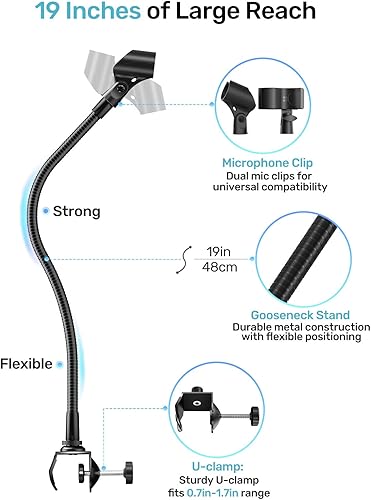 Miniatura 3 de Soporte de micrófono de cuello de cisne de 19 pulgadas, brazo de micrófono ajustable de 360 con 2 soportes de micrófono y abrazadera de soporte de