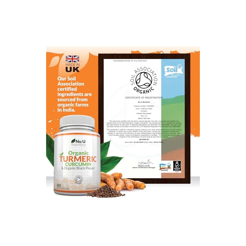 Organic Turmeric and Black Pepper Capsules 600mg - 365 Vegan Capsules 1 Year Supply - Soil Association Certified - High Strength Tumeric Curcumin Supplement - Made in The UK - Image 5
