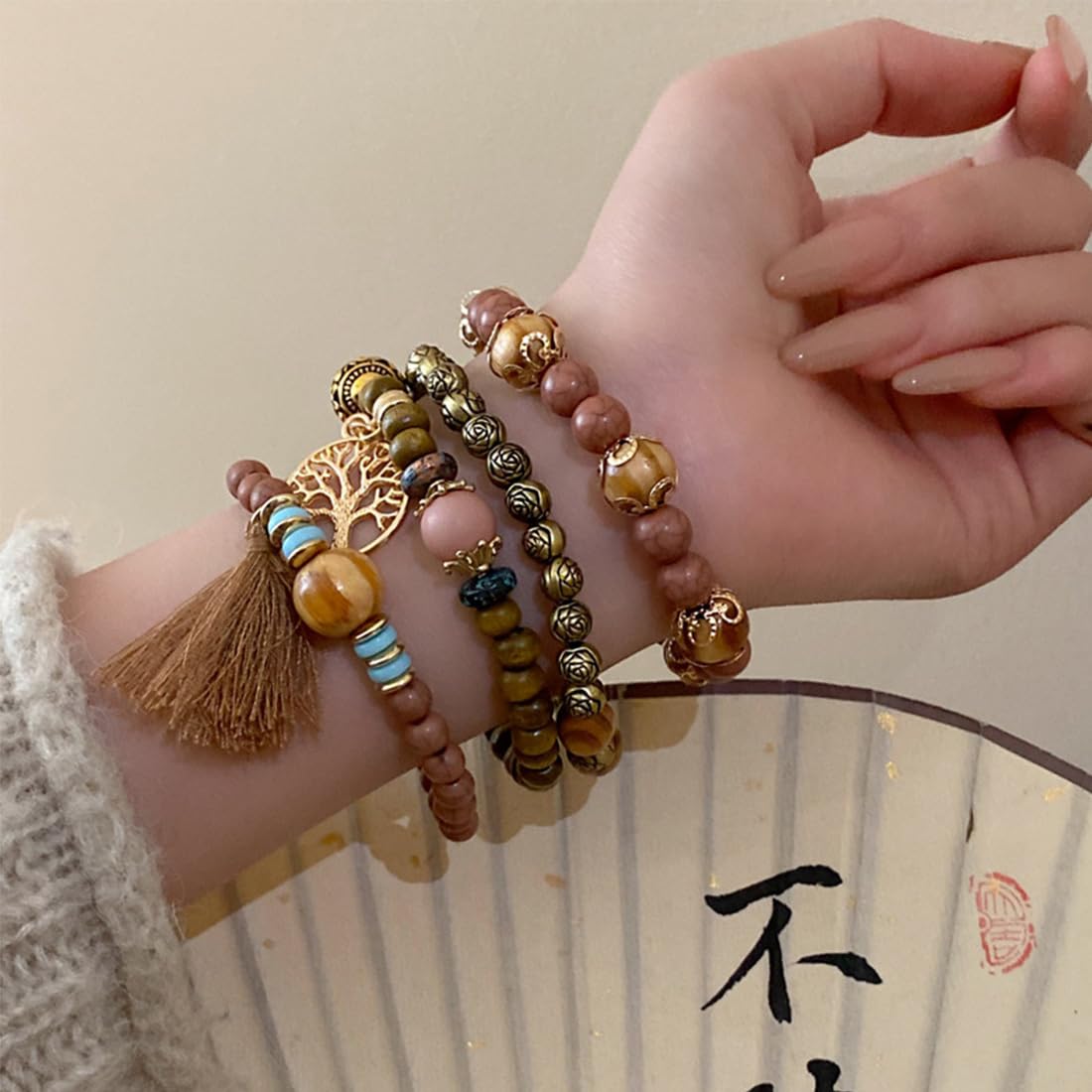 Bransoletka boho z drewnianymi koralikami, bransoletka czakra dla kobiet, naturalne kryształowe kamienie lecznicze, bransoletka dla kobiet, drzewo życia, charms