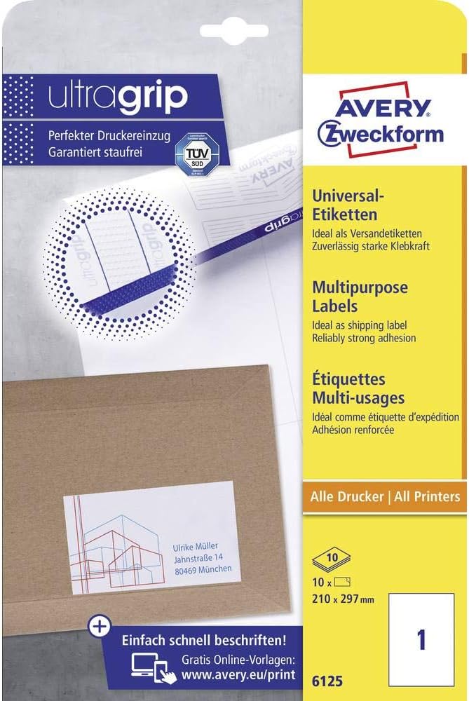 Avery Zweckform 6125 Labels 297x210 mm for Inkjet Laser Copy 10 Sheets
