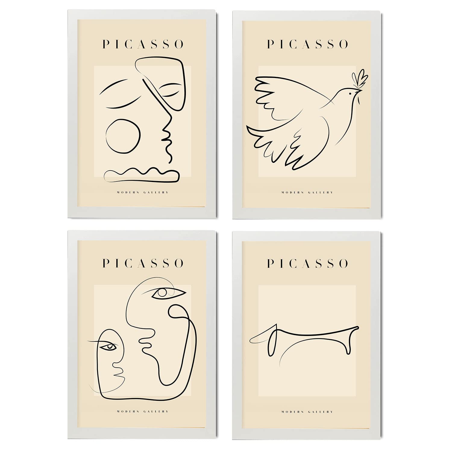 Nacnic Set of 4 Picasso Collection of Line Peace. Aesthetic Wall Art Prints for Bedroom or Living Room Design. Sizes A4. with White Frames.