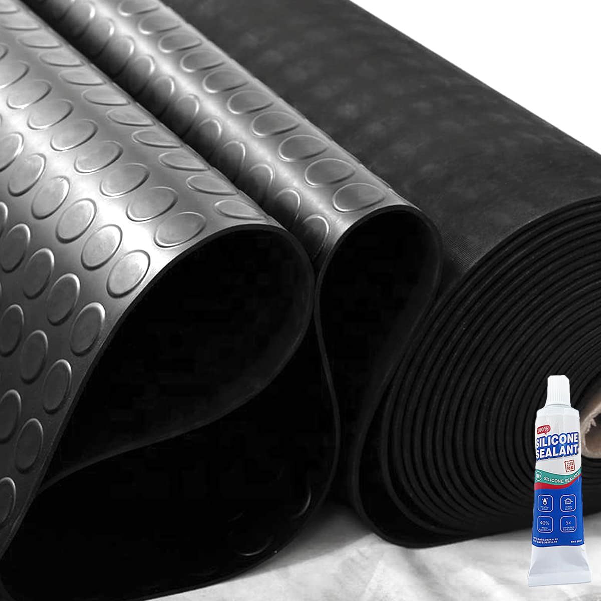 Heavy Duty Coin-Grip Rubber Flooring Roll, 4' x 8', 1/8" Thick, Black, Waterproof, Anti Slip, Safety Floor Protector Mat for Garage, Workshop, Bench, Cellar, Trailer, Mews, Cowshed