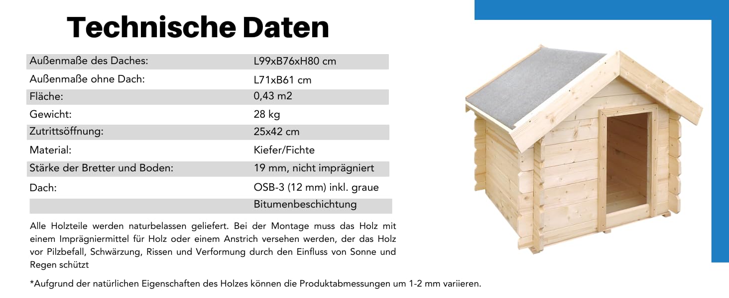 Hundehütte Outdoor kleine Hunde – Hundehaus Holz für Kleiner Rassen, wasserfestes Dach 76 x 99 x H80 cm, Größe S, Timbela M401-1