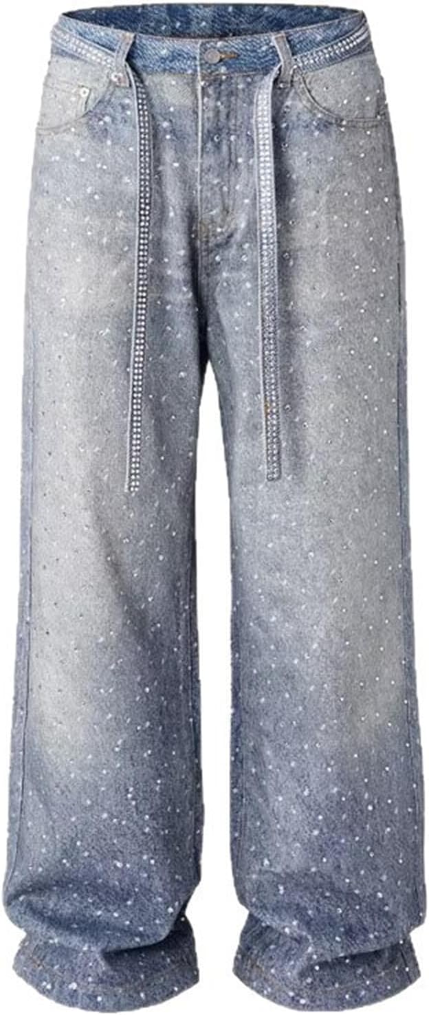 Womens Bling Jeans Rhinestones Skinny High Waisted Straight Wide Leg Loose Fit Sparkly Glitter Classic Denim Straight Leg